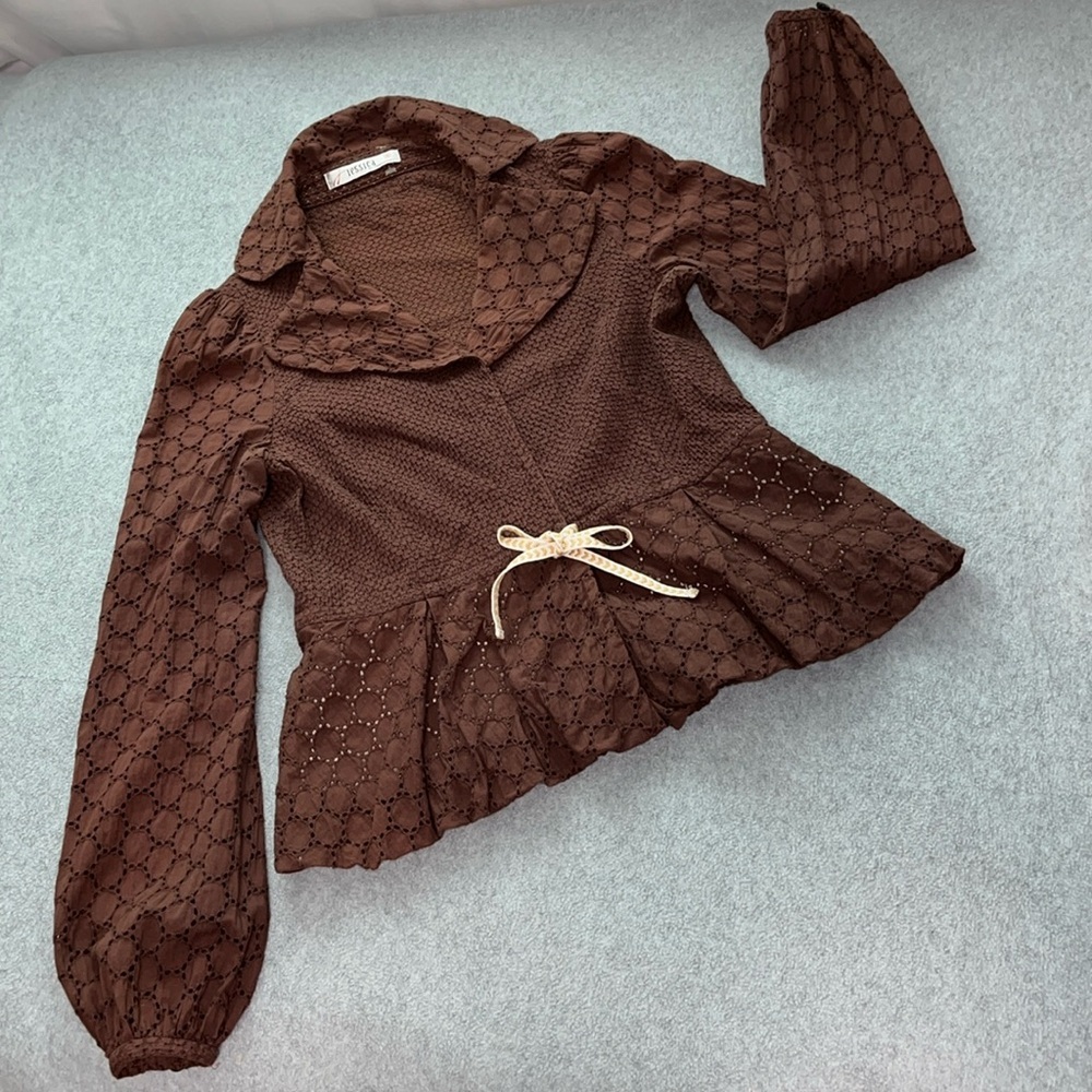 Coquette Twee Peplum Jacket Top Small Petite Brown Girly Lolita Kawaii Cottage